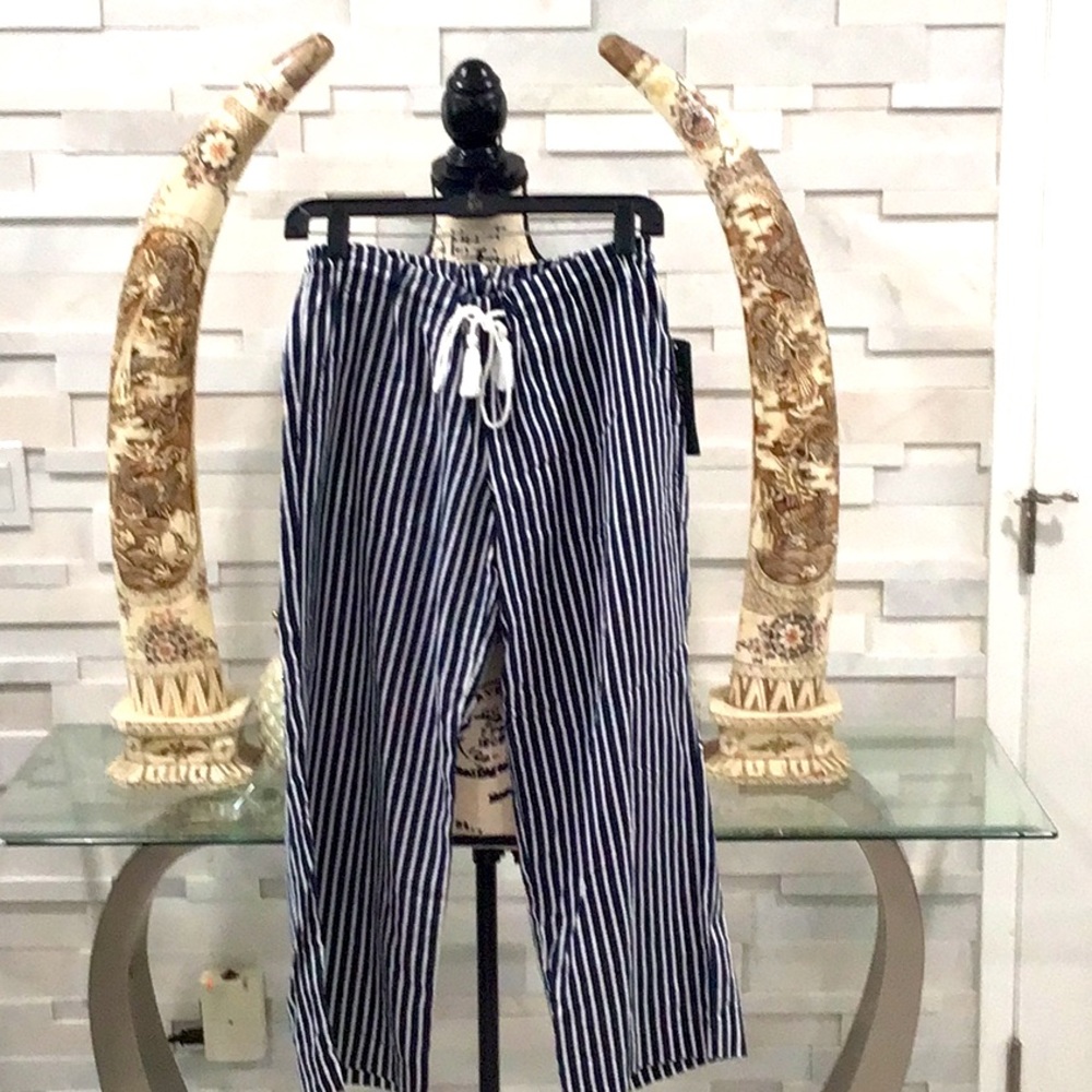 🆕 RALPH LAUREN Linen Stripes Elastic Drawstring Pants Crop Mid Rise Relaxed Fit